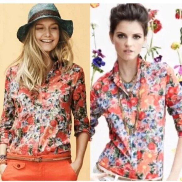 Anthropologie HD in Paris Floral Orange Button Down Shirt Top Size 6 - Picture 1 of 7